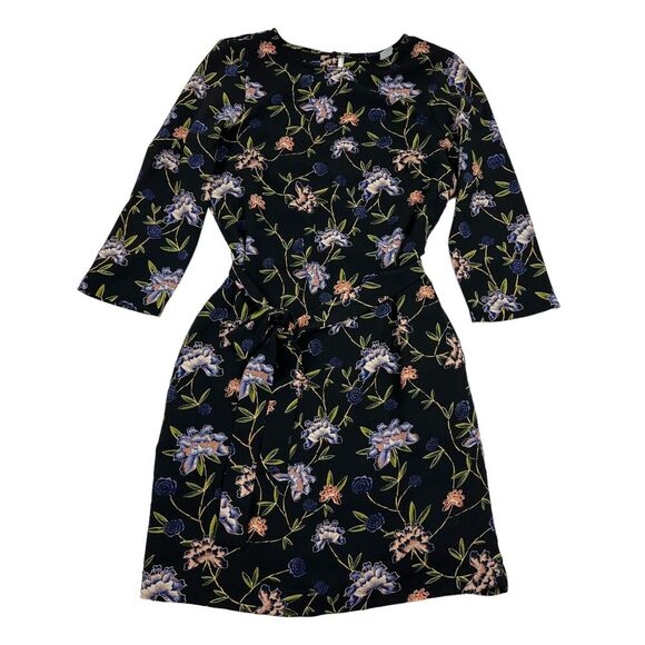 H&M Black Floral Sheath Dress Belt Tie Waist Keyhole Back High Neck Sz 4 Career - Picture 1 of 14